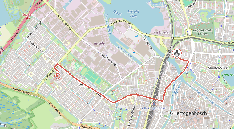 Kaart van de omgeving van de melding, met de kazerne die is gealarmeerd