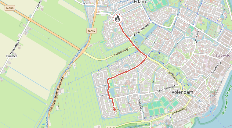 Kaart van de omgeving van de melding, met de kazerne die is gealarmeerd