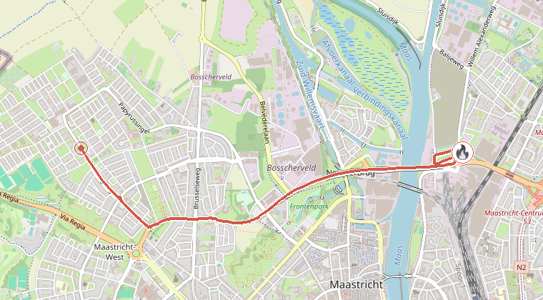 Kaart van de omgeving van de melding, met de kazerne die is gealarmeerd