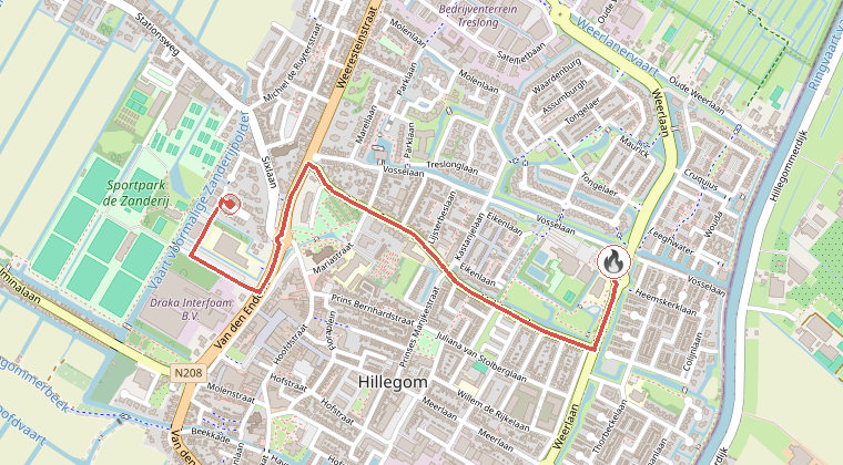 Kaart van de omgeving van de melding, met de kazerne die is gealarmeerd