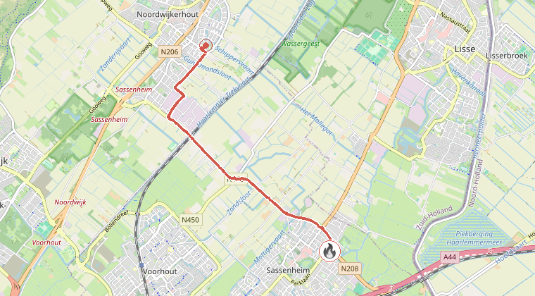 Kaart van de omgeving van de melding, met de kazerne die is gealarmeerd