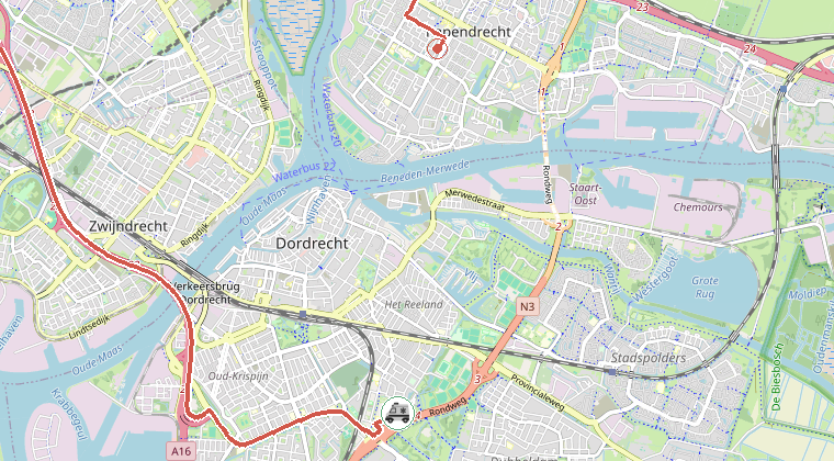 Kaart van de omgeving van de melding, met de kazerne die is gealarmeerd