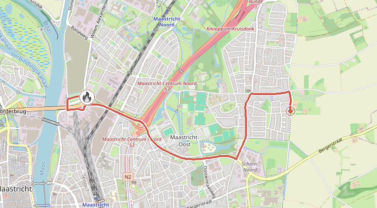 Kaart van de omgeving van de melding, met de kazerne die is gealarmeerd