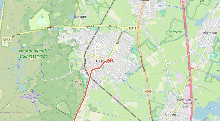 Kaart van de omgeving van de melding, met de kazerne die is gealarmeerd