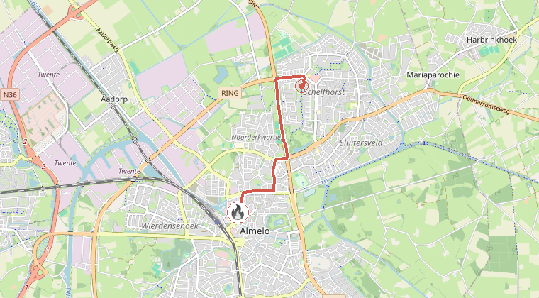 Kaart van de omgeving van de melding, met de kazerne die is gealarmeerd