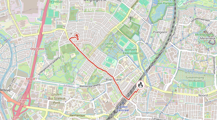 Kaart van de omgeving van de melding, met de kazerne die is gealarmeerd