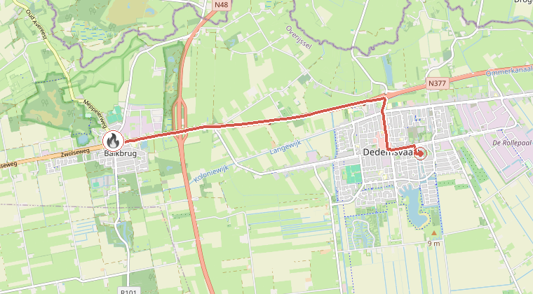 Kaart van de omgeving van de melding, met de kazerne die is gealarmeerd