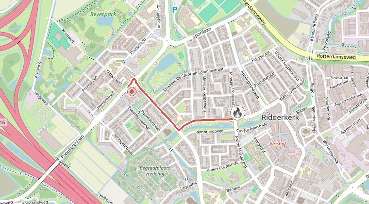 Kaart van de omgeving van de melding, met de kazerne die is gealarmeerd