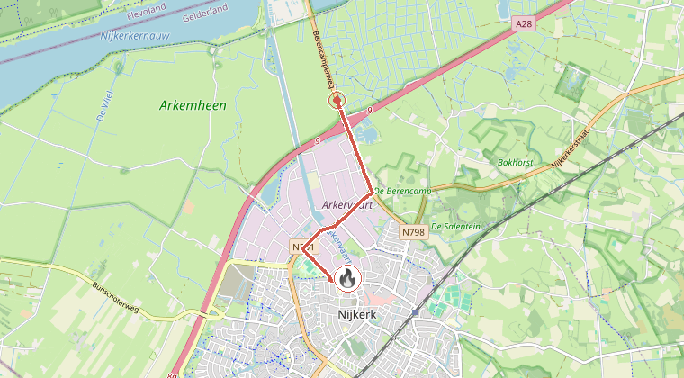 Kaart van de omgeving van de melding, met de kazerne die is gealarmeerd