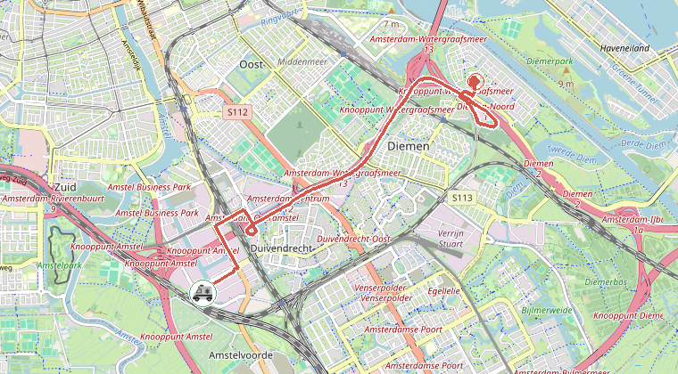 Kaart van de omgeving van de melding, met de kazerne die is gealarmeerd