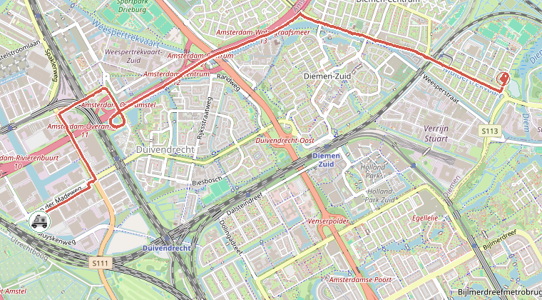 Kaart van de omgeving van de melding, met de kazerne die is gealarmeerd