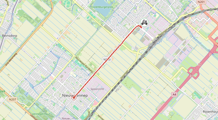 Kaart van de omgeving van de melding, met de kazerne die is gealarmeerd