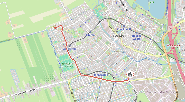 Kaart van de omgeving van de melding, met de kazerne die is gealarmeerd