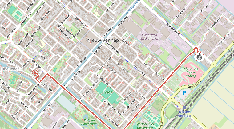 Kaart van de omgeving van de melding, met de kazerne die is gealarmeerd