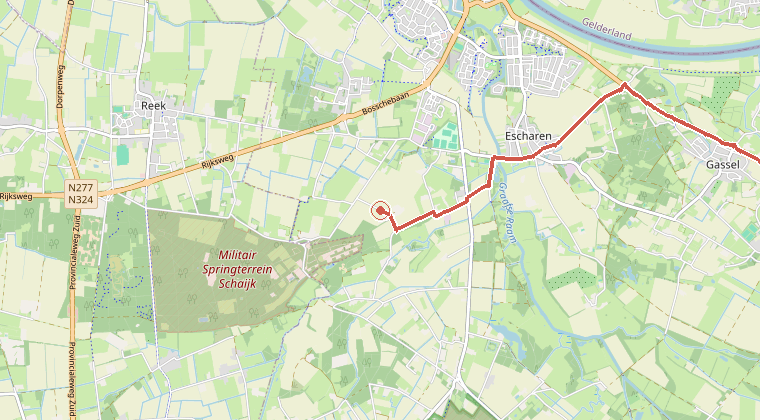 Kaart van de omgeving van de melding, met de kazerne die is gealarmeerd