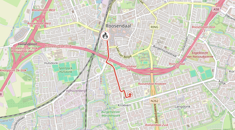 Kaart van de omgeving van de melding, met de kazerne die is gealarmeerd