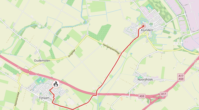 Kaart van de omgeving van de melding, met de kazerne die is gealarmeerd