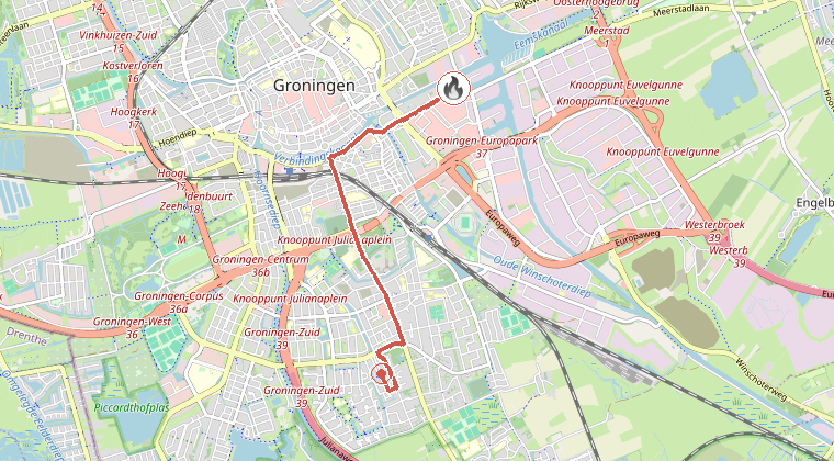 Kaart van de omgeving van de melding, met de kazerne die is gealarmeerd