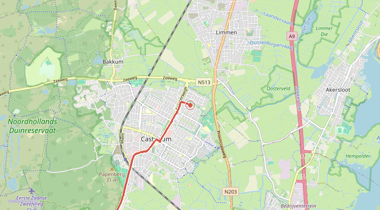 Kaart van de omgeving van de melding, met de kazerne die is gealarmeerd