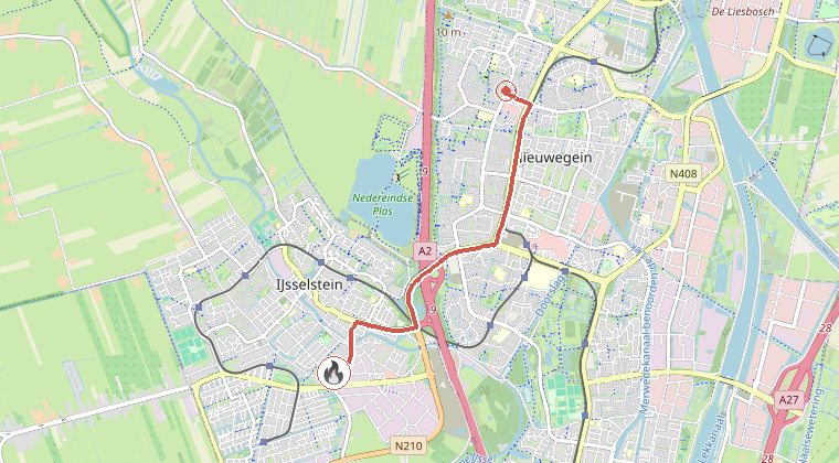 Kaart van de omgeving van de melding, met de kazerne die is gealarmeerd