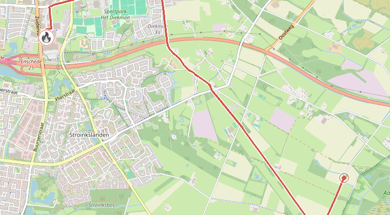 Kaart van de omgeving van de melding, met de kazerne die is gealarmeerd