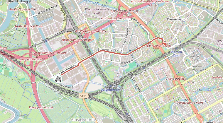 Kaart van de omgeving van de melding, met de kazerne die is gealarmeerd