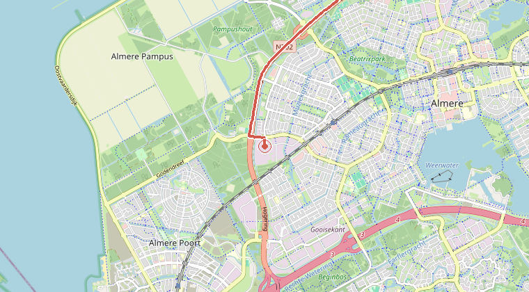 Kaart van de omgeving van de melding, met de kazerne die is gealarmeerd