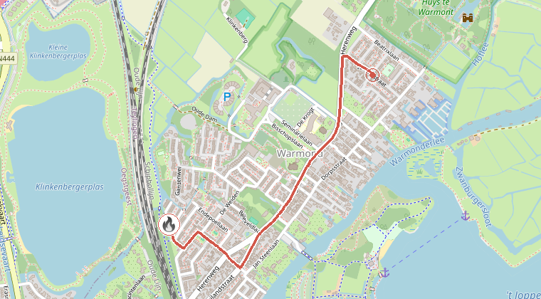 Kaart van de omgeving van de melding, met de kazerne die is gealarmeerd