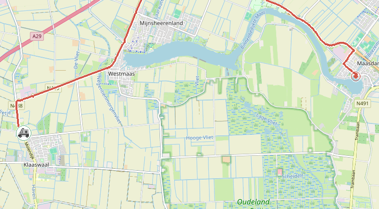 Kaart van de omgeving van de melding, met de kazerne die is gealarmeerd