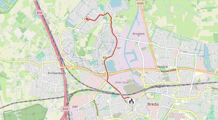 Kaart van de omgeving van de melding, met de kazerne die is gealarmeerd