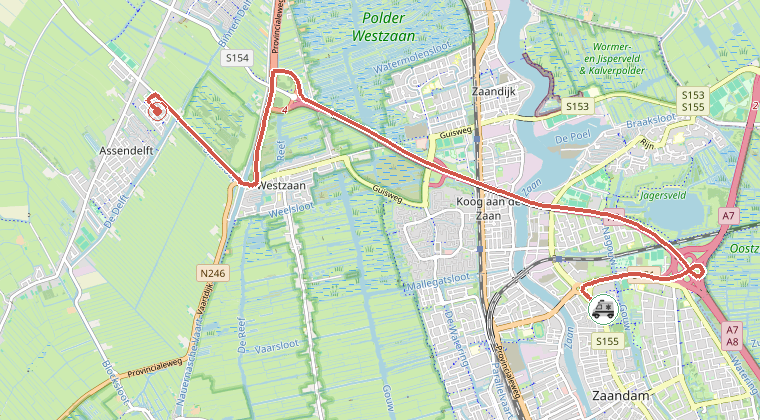 Kaart van de omgeving van de melding, met de kazerne die is gealarmeerd