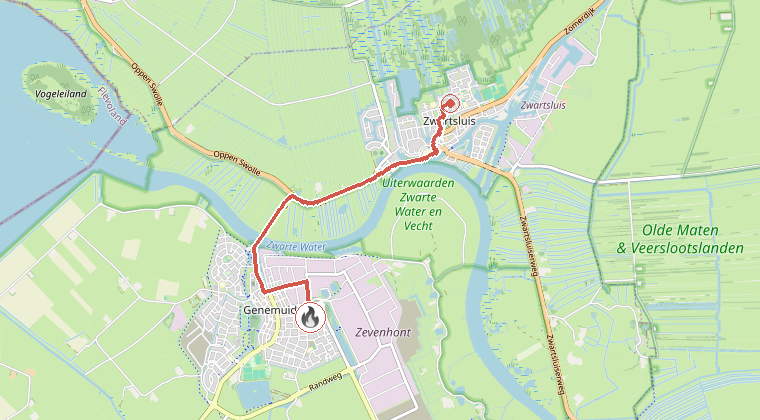 Kaart van de omgeving van de melding, met de kazerne die is gealarmeerd