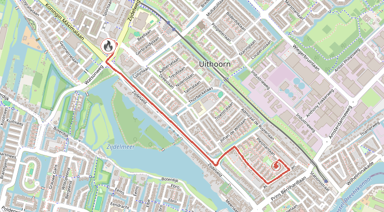 Kaart van de omgeving van de melding, met de kazerne die is gealarmeerd