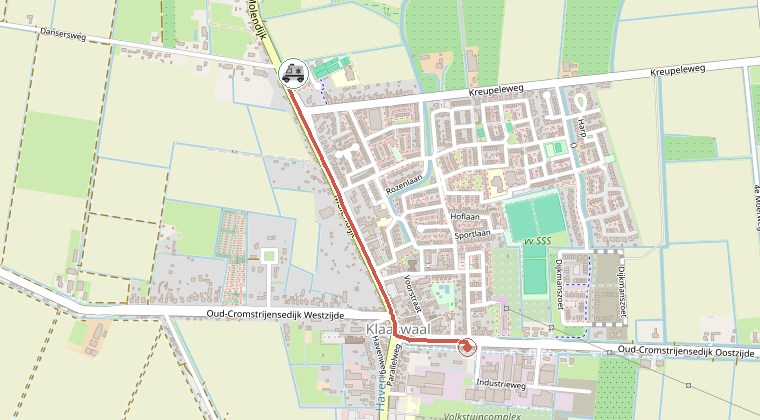 Kaart van de omgeving van de melding, met de kazerne die is gealarmeerd