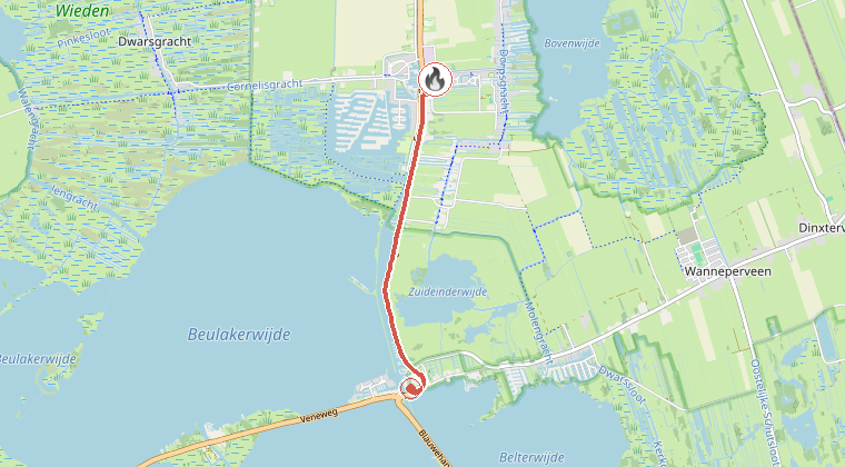 Kaart van de omgeving van de melding, met de kazerne die is gealarmeerd