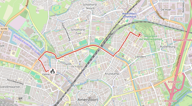 Kaart van de omgeving van de melding, met de kazerne die is gealarmeerd