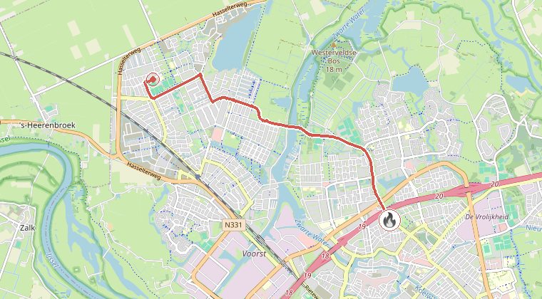 Kaart van de omgeving van de melding, met de kazerne die is gealarmeerd