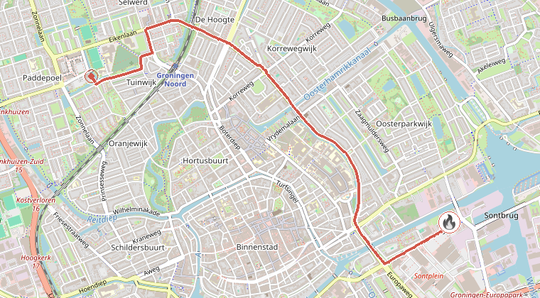 Kaart van de omgeving van de melding, met de kazerne die is gealarmeerd