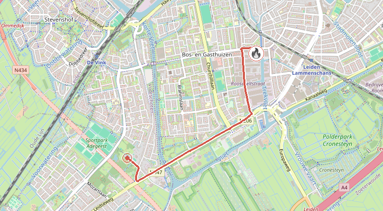 Kaart van de omgeving van de melding, met de kazerne die is gealarmeerd
