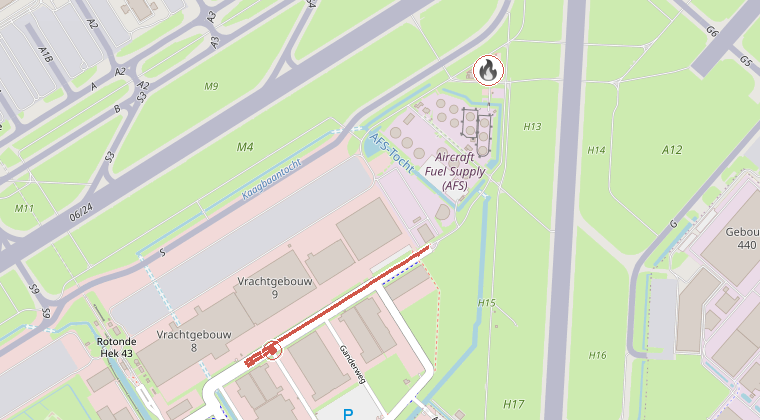 Kaart van de omgeving van de melding, met de kazerne die is gealarmeerd