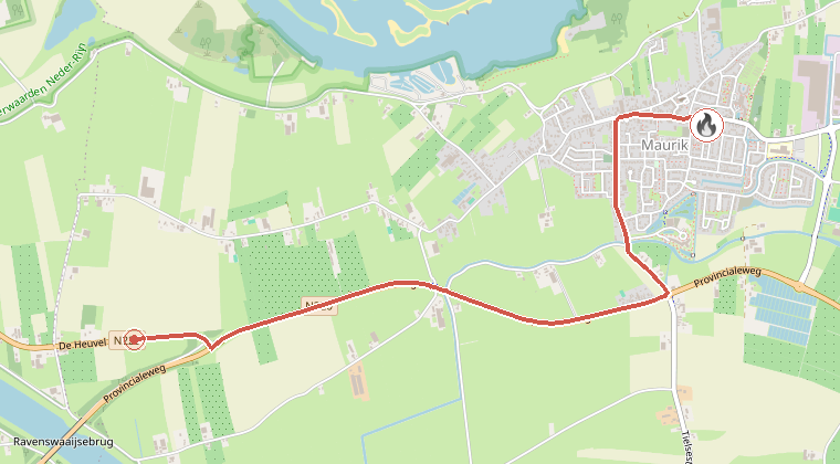 Kaart van de omgeving van de melding, met de kazerne die is gealarmeerd