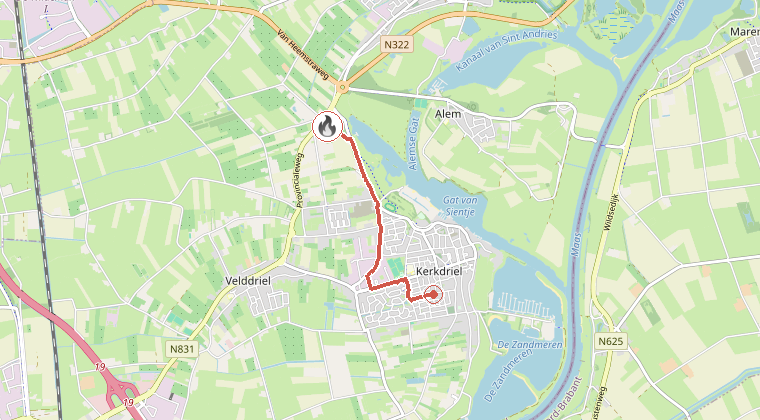 Kaart van de omgeving van de melding, met de kazerne die is gealarmeerd