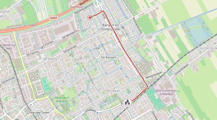 Kaart van de omgeving van de melding, met de kazerne die is gealarmeerd