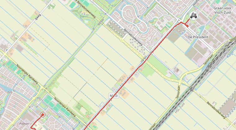 Kaart van de omgeving van de melding, met de kazerne die is gealarmeerd