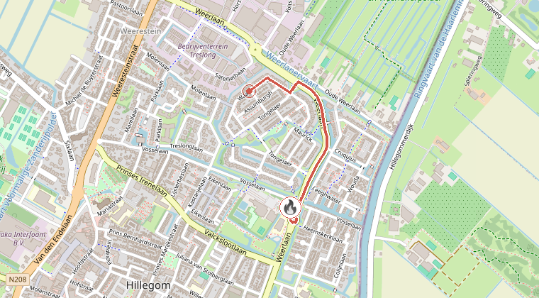 Kaart van de omgeving van de melding, met de kazerne die is gealarmeerd