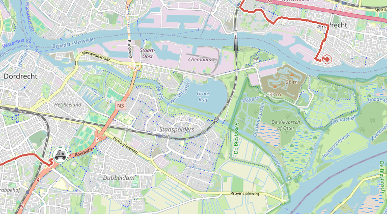 Kaart van de omgeving van de melding, met de kazerne die is gealarmeerd