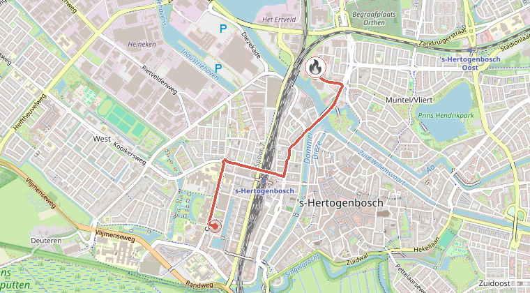 Kaart van de omgeving van de melding, met de kazerne die is gealarmeerd