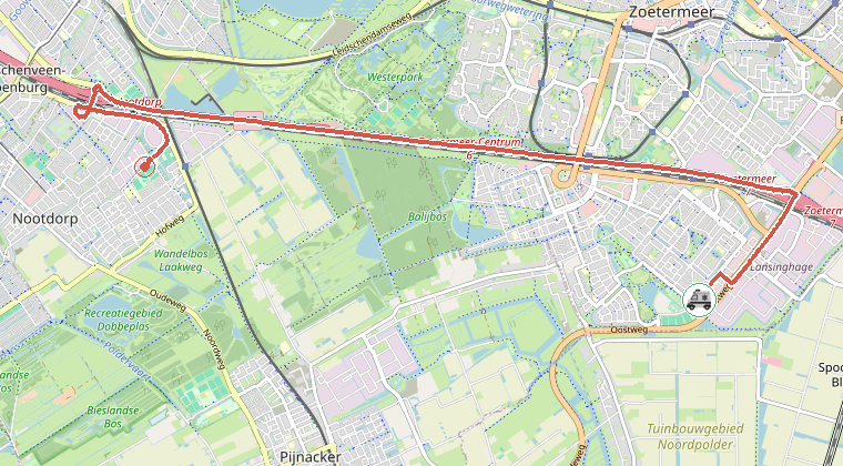 Kaart van de omgeving van de melding, met de kazerne die is gealarmeerd