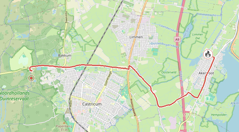 Kaart van de omgeving van de melding, met de kazerne die is gealarmeerd