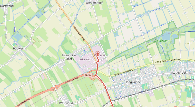 Kaart van de omgeving van de melding, met de kazerne die is gealarmeerd